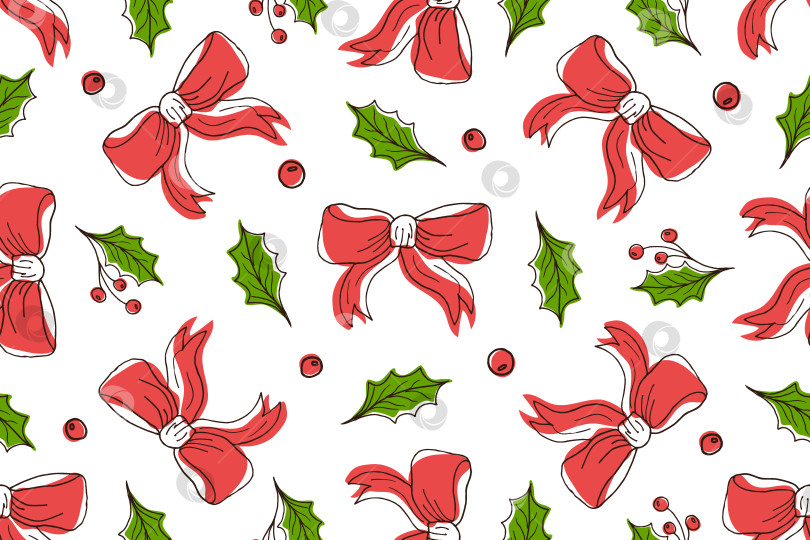 Скачать Рождественский бесшовный узор с красными бантами, остролистом, ягодами. Яркий праздничный фон в стиле каракули. фотосток Ozero