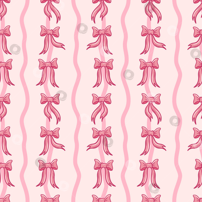 Скачать Бесшовный векторный узор с нежными розовыми бантиками, деревенскими мотивами и мягкими элементами создает мечтательный дизайн поверхности в винтажном стиле. Идеально подходит для обоев и тканей. фотосток Ozero