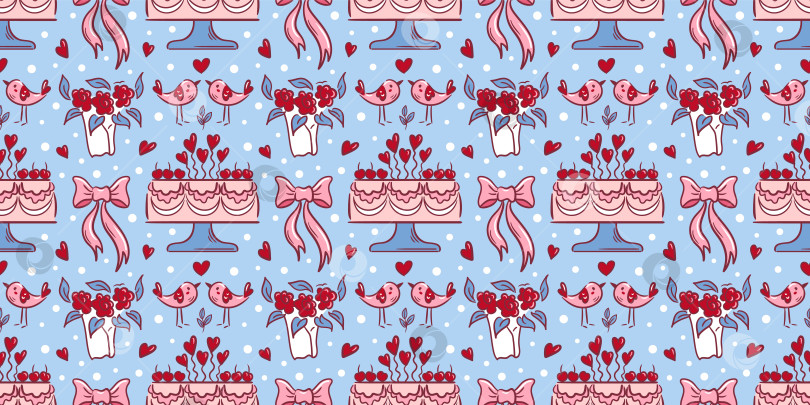 Скачать Бесшовный узор на День Святого Валентина с тортами, розами, бантиками в виде птиц выполнен в очаровательном романтическом будуарном стиле с мягкими оттенками и изящными линиями для создания элегантного дизайна поверхности. фотосток Ozero