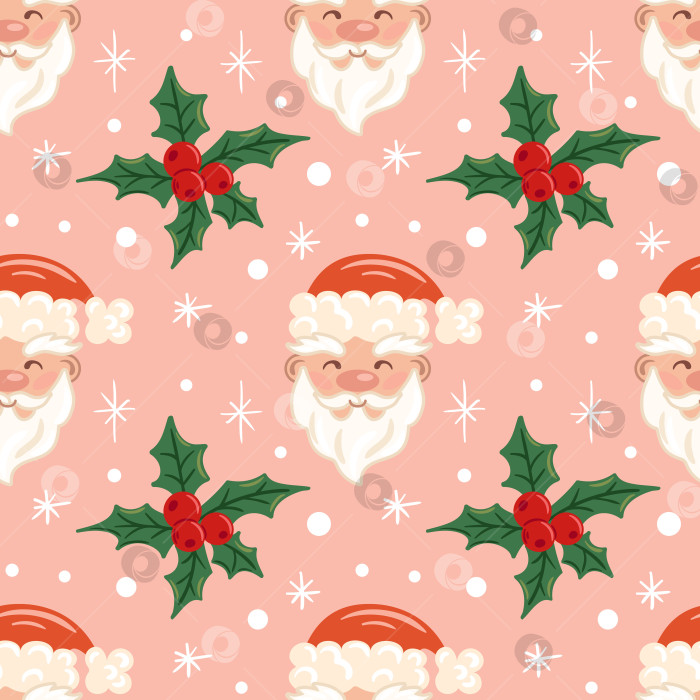 Скачать Бесшовный узор из снежинок Санта-Клауса и остролиста для праздничного векторного дизайна, повторяющий решетку из веселых мотивов Санта-Клауса, сверкающих снежинок и глянцевых листьев остролиста. фотосток Ozero
