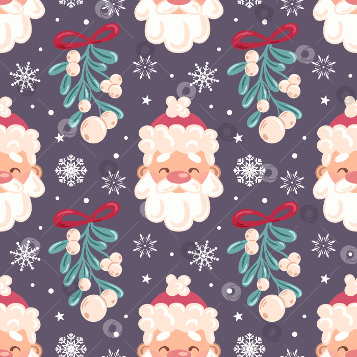 Скачать Бесшовный векторный узор с мотивами Санта-Клауса, замысловатыми снежинками и веточками остролиста, выполненный в праздничном, повторяющемся дизайне для создания зимней, жизнерадостной поверхности. фотосток Ozero