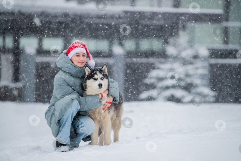 Скачать Счастливая девушка-хозяйка в шапке Санты обнимает собаку хаски снежной зимой фотосток Ozero