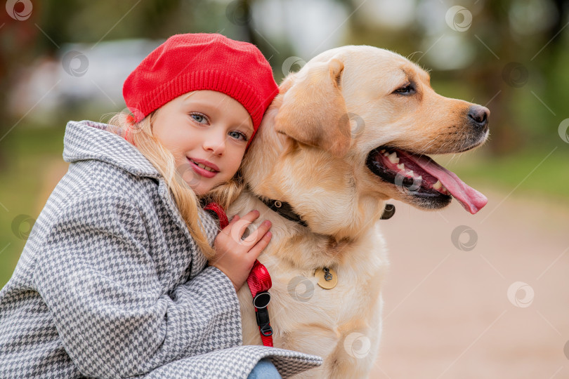 Скачать Маленькая девочка в красном берете и пальто обнимает белого лабрадора в осеннем парке. фотосток Ozero