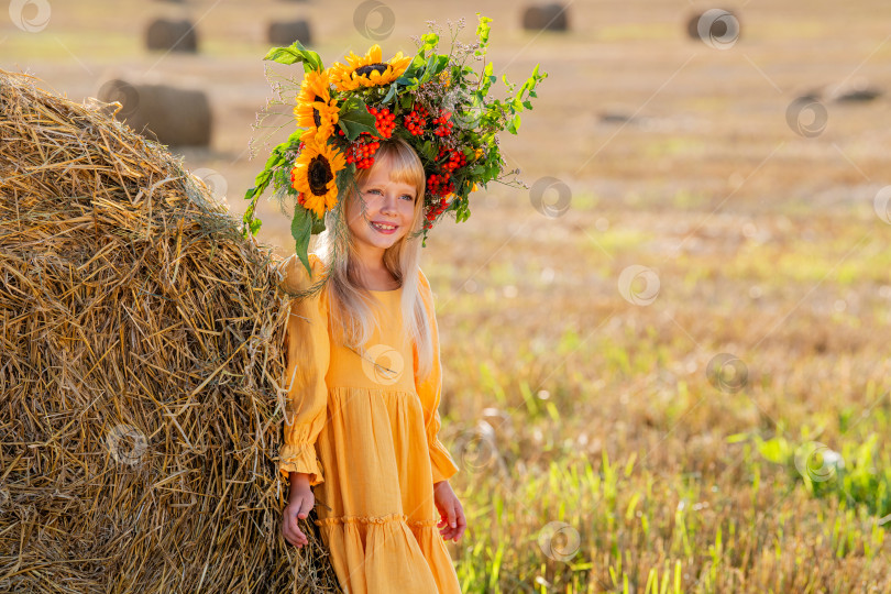Скачать Улыбающийся ребенок с короной из подсолнухов на солнечном поле фотосток Ozero