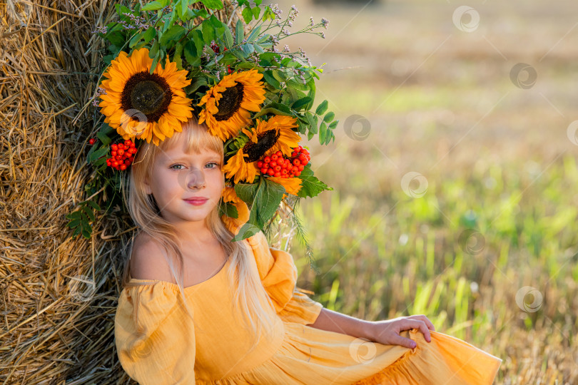Скачать Улыбающийся ребенок с короной из подсолнухов на солнечном поле фотосток Ozero