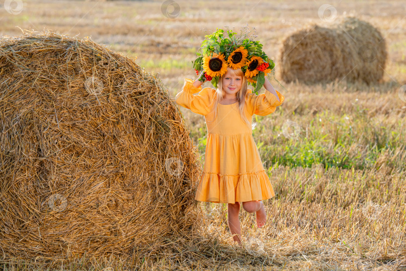 Скачать Улыбающийся ребенок с короной из подсолнухов на солнечном поле фотосток Ozero