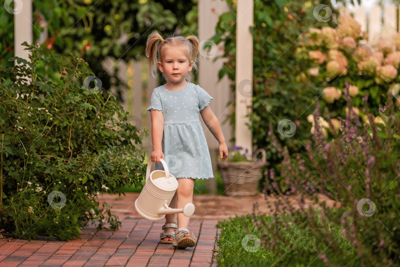 Скачать маленькая девочка в голубом платье идет по садовой дорожке с лейкой в руках. фотосток Ozero