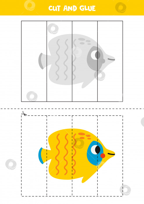Скачать Игра "Вырезай и клеи" для детей. Симпатичная желтая рыбка-бабочка. фотосток Ozero