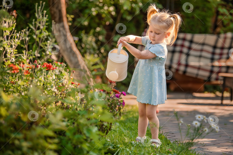 Скачать маленькая девочка поливает цветы из лейки в саду загородного дома солнечным летним вечером. фотосток Ozero