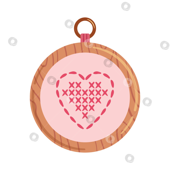 Скачать Аккуратная векторная иллюстрация с изображением сердца, вышитого на обручах, тонкая текстура нитей и точная вышивка крестиком создают уютный образ ручной работы. фотосток Ozero