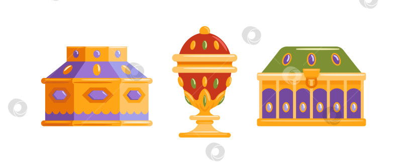 Скачать Набор шкатулок для драгоценностей с драгоценными камнями - полированная векторная иллюстрация, демонстрирующая элегантные шкатулки с драгоценными камнями с роскошной отделкой, идеально подходящие для брендинга, каталогов товаров. Дары волхвов, подарки из золота, ладана, мирры фотосток Ozero