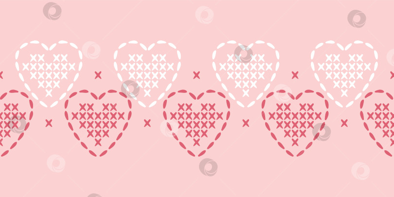 Скачать Бесшовная горизонтальная кайма. Уютный векторный рисунок, выполненный крестиком в форме сердца, переплетение крошечных стежков, веселые линии сетки, теплые красочные тона, текстура ручной работы, очаровательно причудливая и игривая. фотосток Ozero