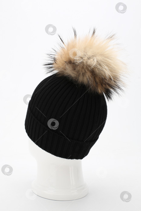 Скачать Черная шапка с декоративным светлым помпоном на манекене вид сзади фотосток Ozero