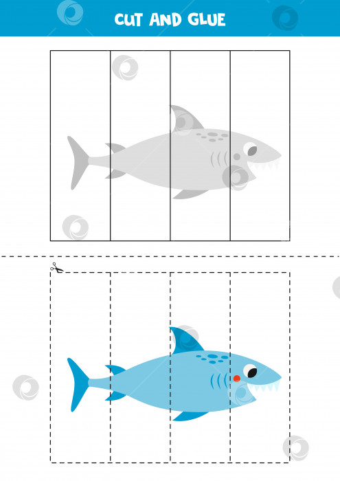 Скачать Игра "Вырезай и клеи" для детей. Симпатичная голубая акула. фотосток Ozero