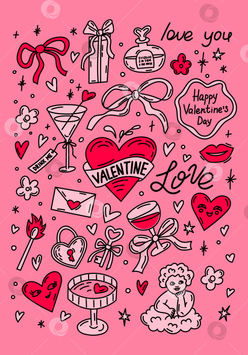 Скачать Набор рисунков на день Святого Валентина с сердечками бантиками подарками и романтическими элементами фотосток Ozero