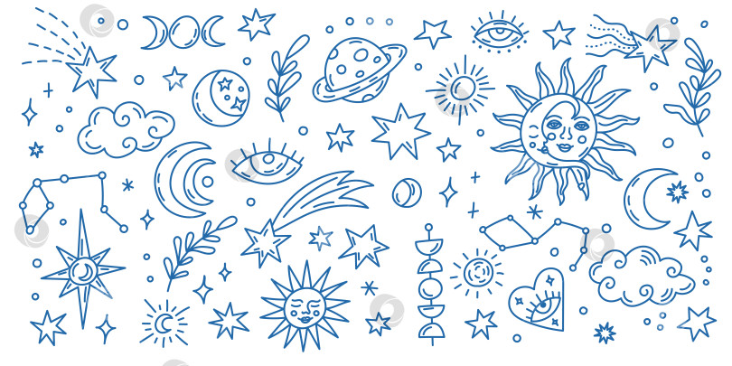 Скачать Набор небесных рисунков со звездами солнцем луной и планетами фотосток Ozero