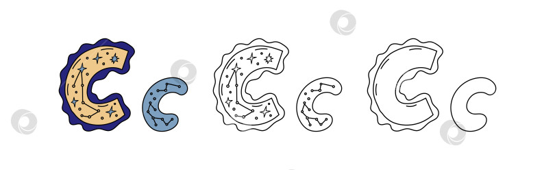 Скачать Декоративная буква С с нарисованными каракулями звездами и созвездиями фотосток Ozero