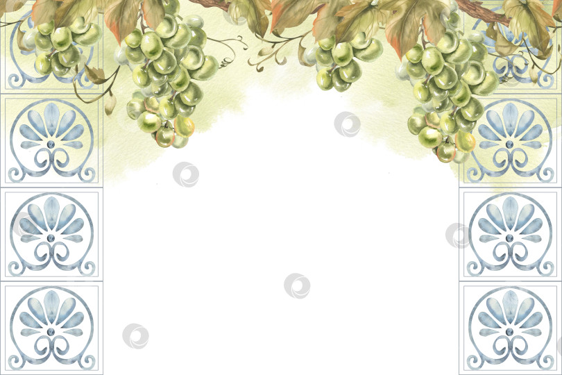Скачать Летний акварельный шаблон баннера с традиционным зеленым цветочным орнаментом и иллюстрацией зеленого свежего винограда. Изолированная рамка с геометрическими элементами и фруктами для оформления плакатов, открыток, упаковок фотосток Ozero