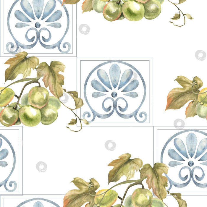 Скачать Цветочный орнамент на голубой плитке с акварельным бесшовным рисунком в виде грозди свежего зеленого винограда. Нарисованный вручную летний фон из свежих фруктов, сицилийский мотив для меню итальянской кухни, дизайн обоев фотосток Ozero