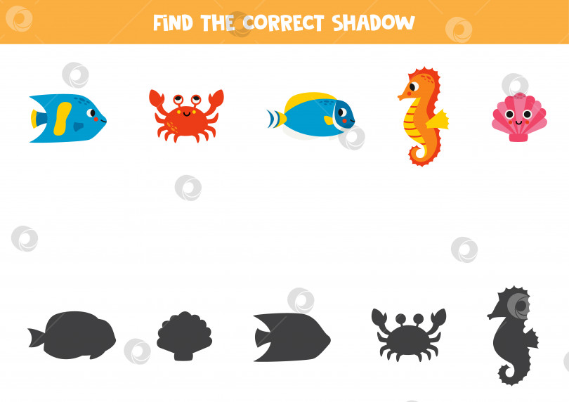 Скачать Найдите правильные тени симпатичных морских рыбок. Логическая головоломка для детей. фотосток Ozero