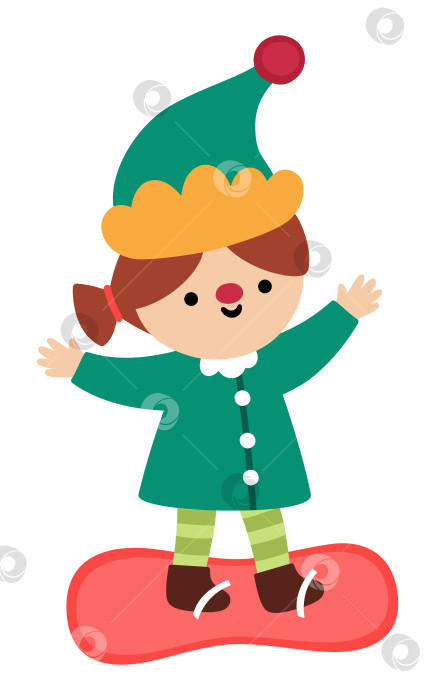 Скачать Векторная рождественская девушка-эльф, катающаяся на коньках в зеленой шляпе на сноуборде. Милый новогодний символ-гном, занимающийся зимними видами спорта, иллюстрирует это для детей. Значок гнома с зимним праздником, выделенный на белом фоне фотосток Ozero