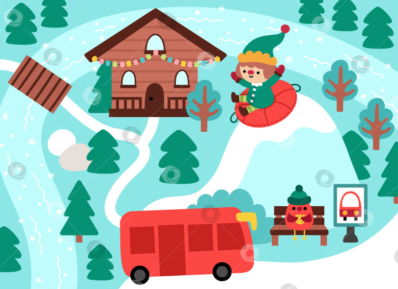 Скачать Векторный рождественский деревенский пейзаж с заснеженной горой, деревьями, замерзшей рекой, домиком в шале и мальчиком-эльфом, катающимся по склону. Новогодняя сцена. Фон для детского праздника на зимнем курорте фотосток Ozero