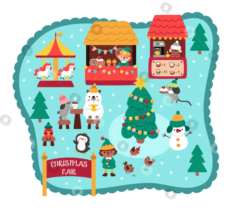 Скачать Векторный пейзаж рождественской ярмарки. Детализированная сцена праздничного рынка с милыми животными, птицами, пьющими кофе, карусель. Фон новогодней деревни для детей с подставкой для сладостей с эльфом фотосток Ozero