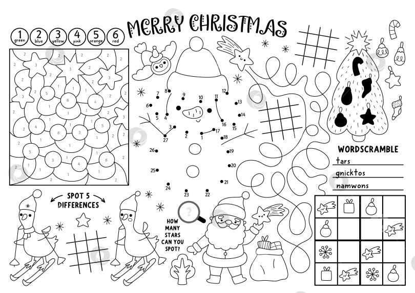 Скачать Векторный рождественский деревенский коврик для детей. Игровой коврик для зимних праздников с лабиринтом, крестиками-ноликами, картинками, чтобы соединить точки и найти отличия. Новогодний черно-белый игровой коврик или раскраска фотосток Ozero