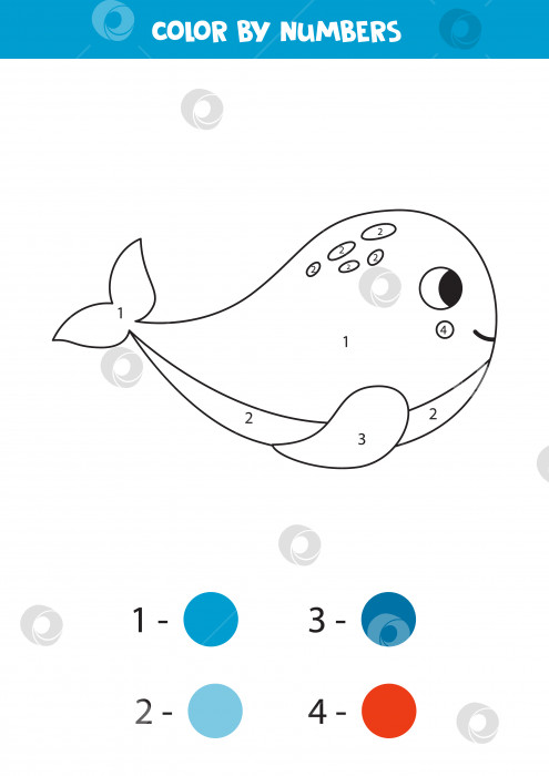 Скачать Раскрасьте симпатичного синего кита по номерам. Рабочая тетрадь для детей. фотосток Ozero