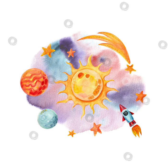 Скачать Детская космическая иллюстрация с ракетой, звездами, планетами и солнцем. Квадратная композиция, выполненная акварелью от руки, для оформления детских и праздничных товаров и текстиля. фотосток Ozero