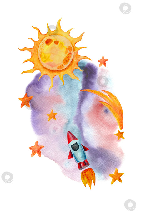 Скачать Детская космическая иллюстрация с изображением ракеты, звезд и солнца. Эта вертикальная композиция, выполненная акварелью от руки, идеально подходит для оформления детских и праздничных товаров и текстиля. фотосток Ozero