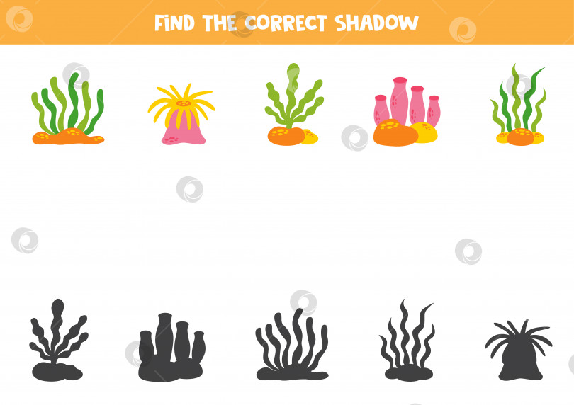 Скачать Найдите правильные тени симпатичных морских растений. Логическая головоломка для детей. фотосток Ozero