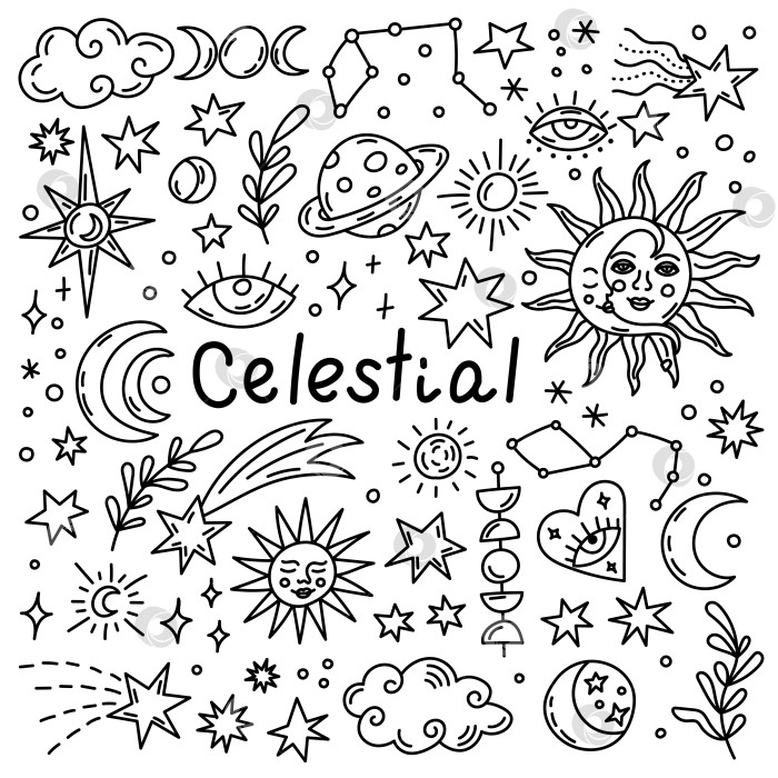 Скачать Мистические космические рисунки со звездами, солнцем, луной и планетарными символами фотосток Ozero