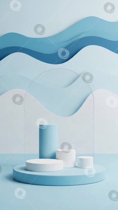 Скачать Светло-голубые и белые цилиндрические подиумы для изделий на фоне синих океанских волн, вертикальные фотосток Ozero