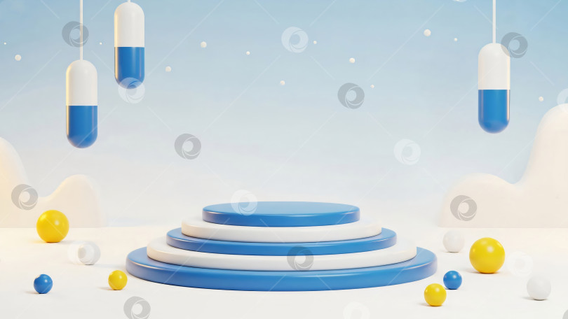 Скачать Подиум для демонстрации товаров на зимней распродаже оформлен в аптечном стиле. Праздничные сезонные покупки фотосток Ozero