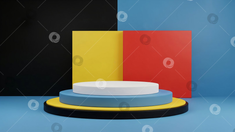 Скачать Пустая абстрактная яркая стойка-подиум или витрина для демонстрации товара на красочном геометрическом фоне фотосток Ozero