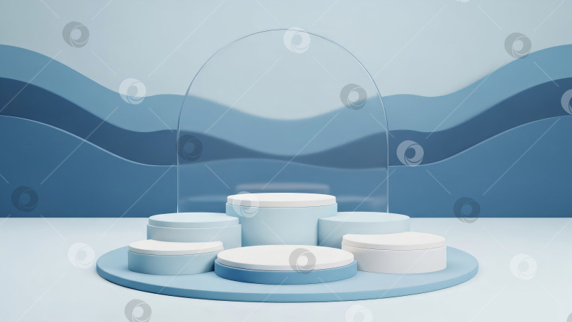 Скачать Светло-голубые и белые цилиндрические подиумы для изделий на фоне голубых океанских волн фотосток Ozero