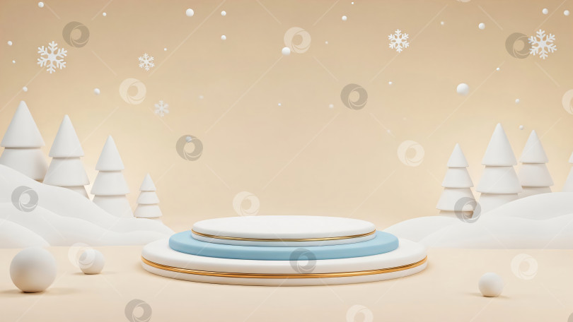 Скачать Зимняя сцена, демонстрирующая подиумы для демонстрации товаров. Шаблон баннера для рождественских и новогодних сезонных показов фотосток Ozero