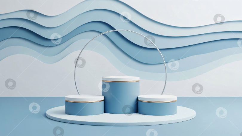 Скачать Три светло-голубых и белых цилиндрических подиума для изделий с золотыми и серебряными лентами. фотосток Ozero