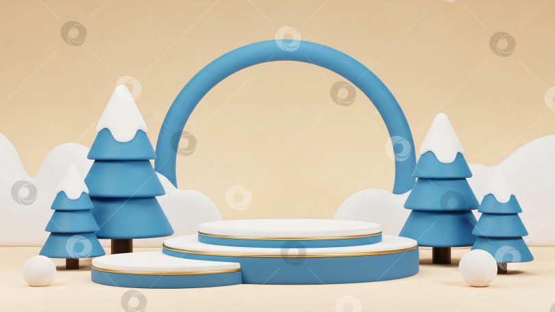 Скачать Сцена зимнего леса с голубыми стилизованными деревьями и аркой, обрамляющей белый подиум для демонстрации продукции фотосток Ozero