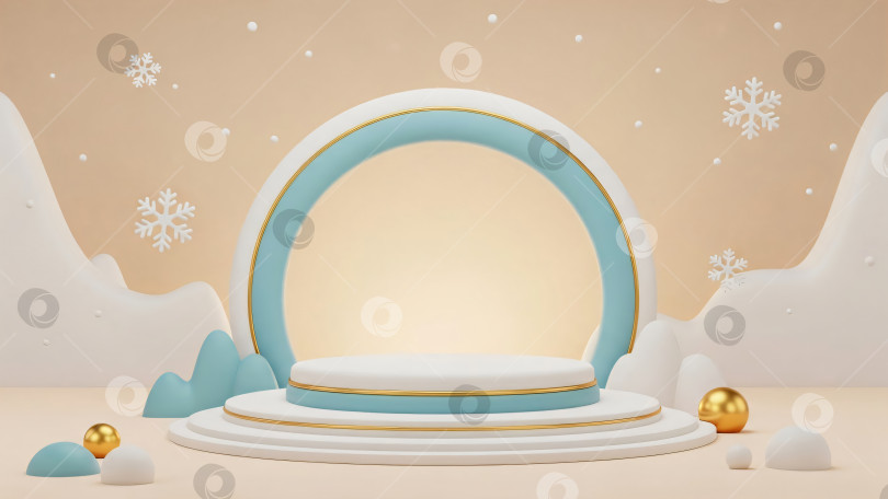 Скачать Витрина для зимних товаров с многоярусной подставкой и фоновой аркой на мягком сезонном фоне фотосток Ozero