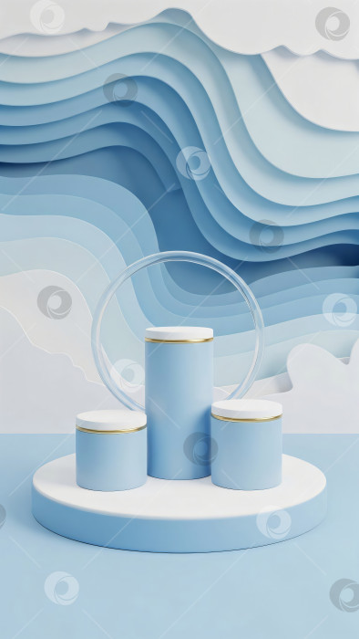 Скачать Перед тремя светло-голубыми и белыми цилиндрическими подиумами для изделий с золотыми и серебряными лентами фотосток Ozero