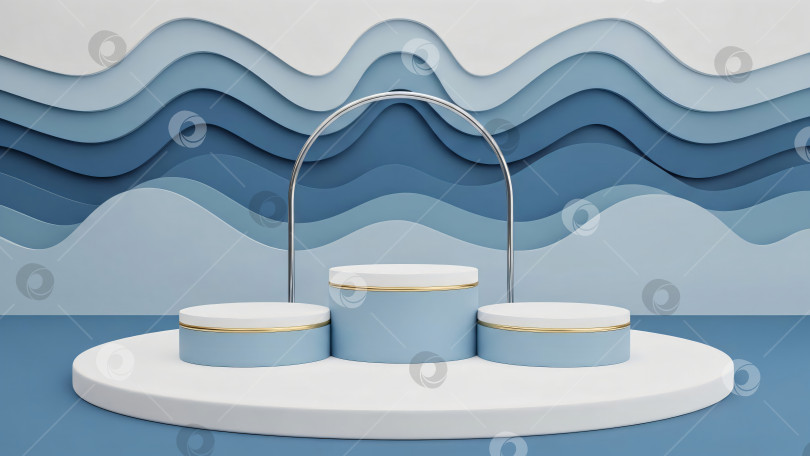 Скачать Три светло-голубых и белых цилиндрических подиума для изделий с золотыми и серебряными лентами. фотосток Ozero