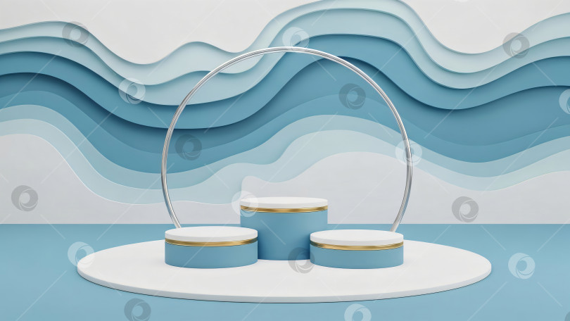 Скачать Три светло-голубых и белых цилиндрических подиума для изделий с золотыми и серебряными лентами. фотосток Ozero