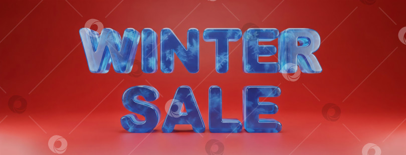 Скачать Текст зимней распродажи, сделанный изо льда и снега с сосульками на красном фоне, шаблон баннера фотосток Ozero