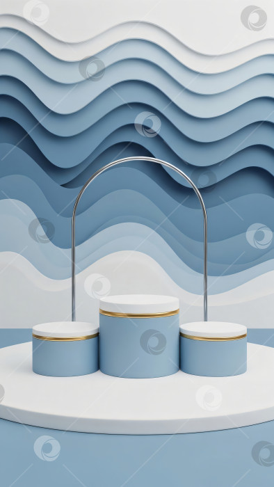 Скачать Три светло-голубых и белых цилиндрических подиума для изделий с золотыми и серебряными лентами. фотосток Ozero