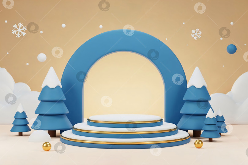 Скачать Сцена зимнего леса с голубыми стилизованными деревьями и аркой, обрамляющей белый подиум для демонстрации продукции фотосток Ozero