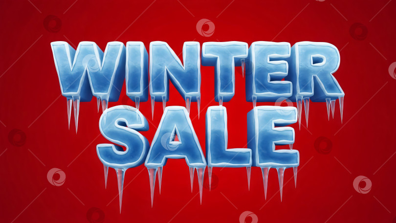 Скачать Текст зимней распродажи, сделанный изо льда и снега с сосульками на красном фоне, шаблон баннера фотосток Ozero