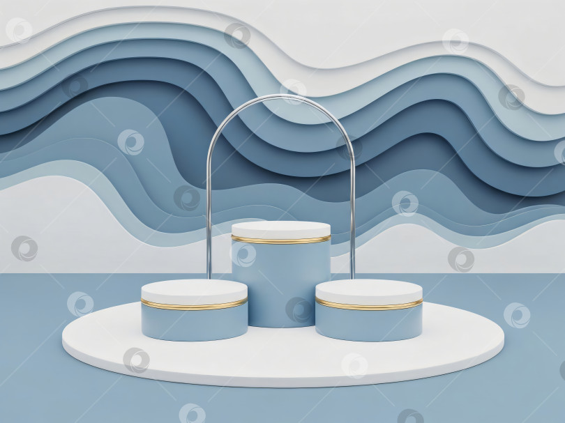 Скачать Три светло-голубых и белых цилиндрических подиума для изделий с золотыми и серебряными лентами. фотосток Ozero