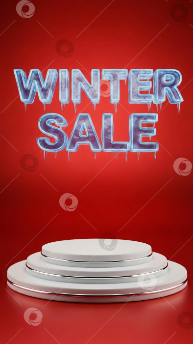 Скачать Ледяная надпись "Зимняя распродажа" на красном фоне с белым подиумом для демонстрации товара, вертикальный шаблон фотосток Ozero